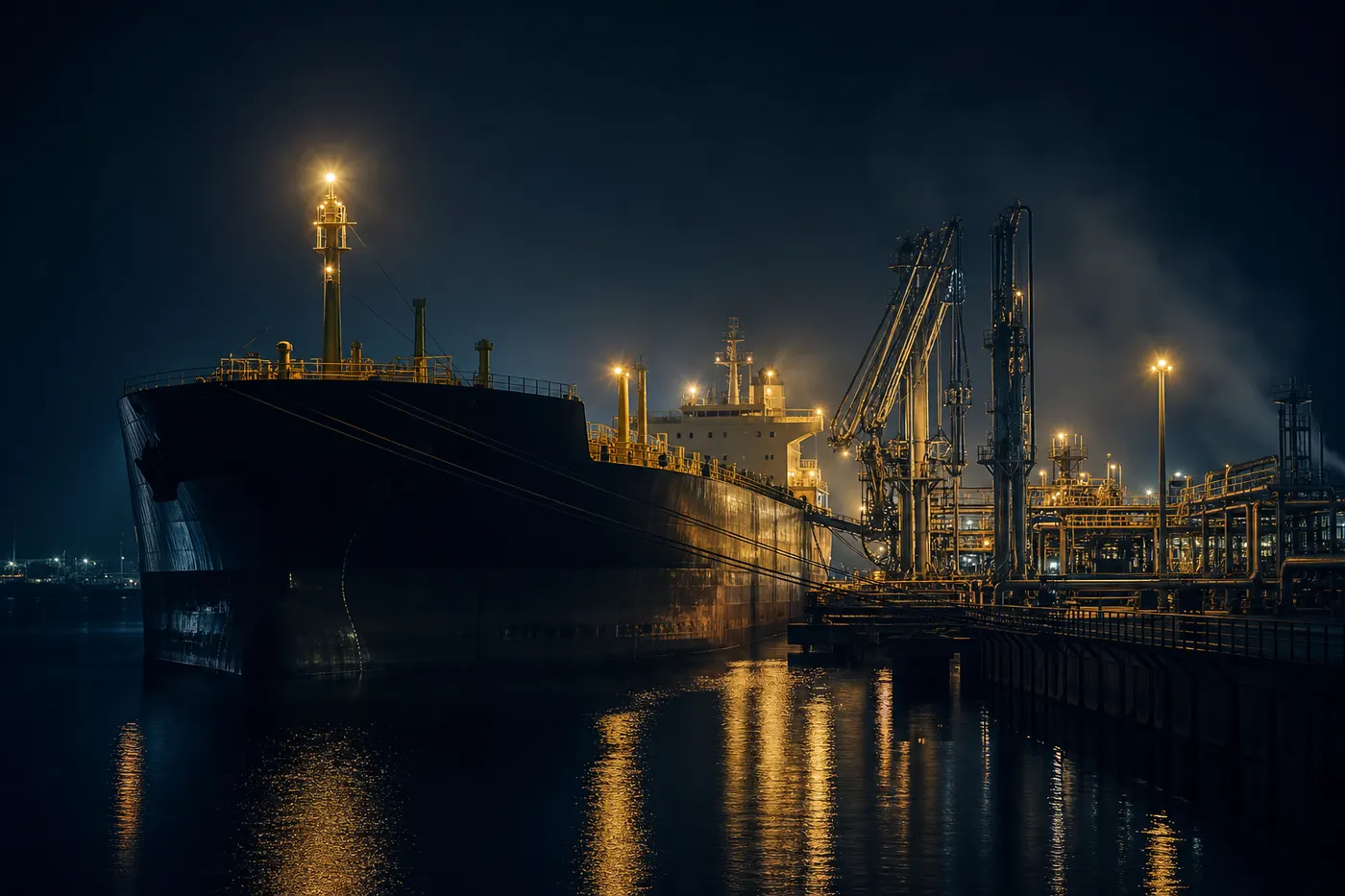 Product tanker moored at a marine loading terminal at night