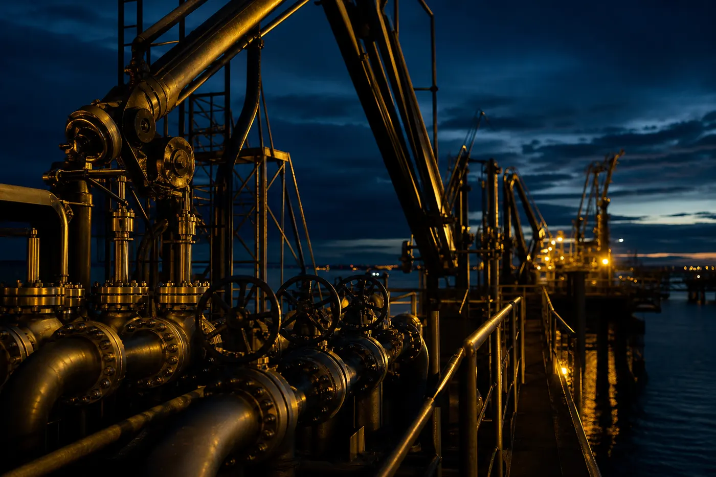 Marine loading arms and pipeline manifolds at a petroleum jetty at dusk